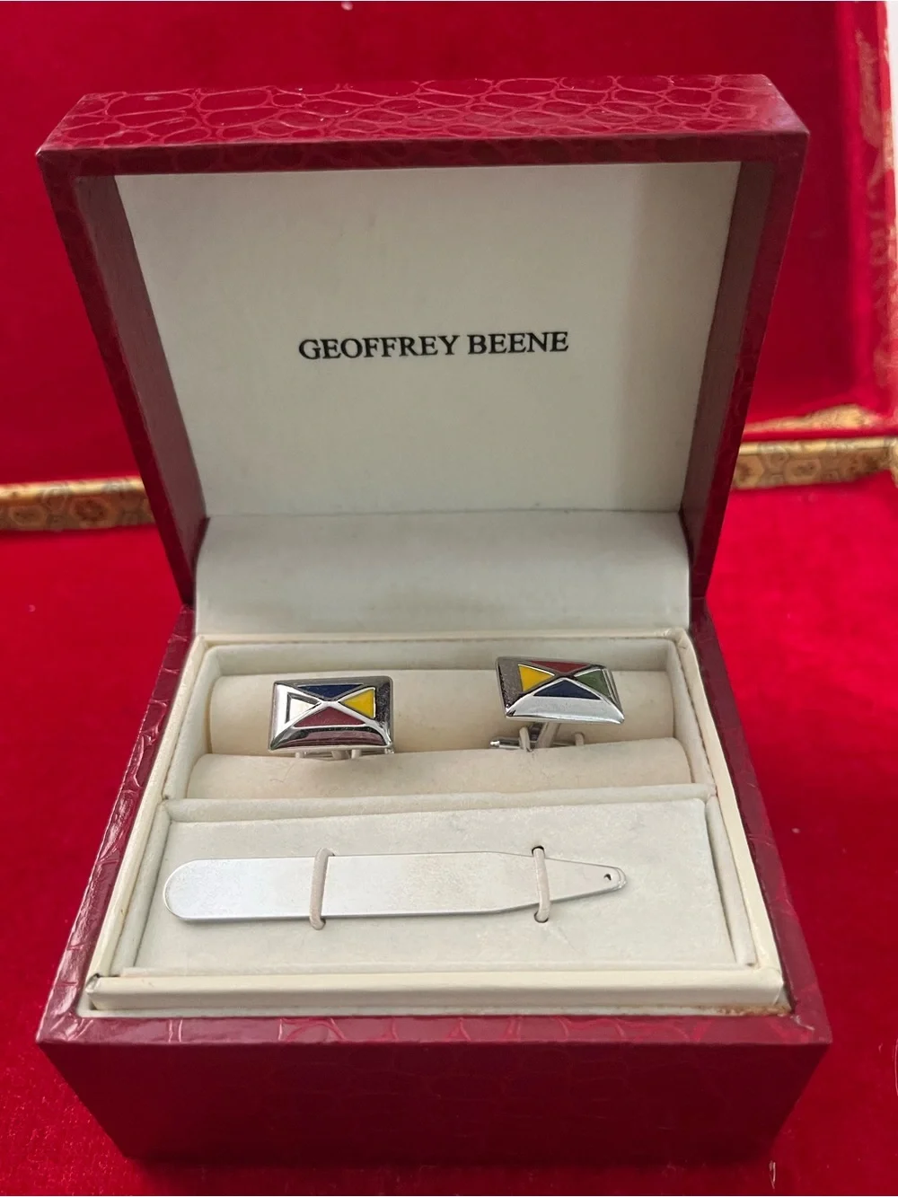 Geoffrey Beene Silver Cufflinks and Tie Bar with Red Yellow Blue Enamel